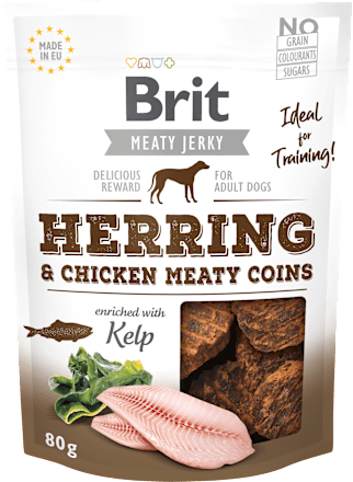 Pochúťka pre psy Meaty Jerky Herring&Chicken Brit