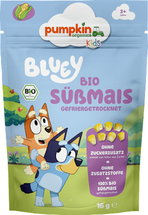 Kindersnack Süßmais Gefriergetrocknet Bluey ab 3 Jahren pumpkin organics