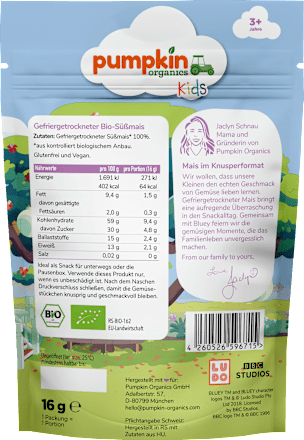 Kindersnack Süßmais Gefriergetrocknet Bluey ab 3 Jahren pumpkin organics
