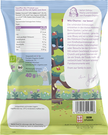 Kindersnack Mehrkorn Churros Apfel & Zimt Bluey ab 3 Jahren pumpkin organics