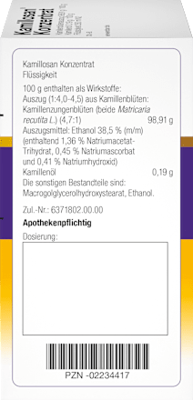Kamillosan Konzentrat Kamillenblütenauszug 98,91g / 100g, Kamillenöl 0,19g / 100g Flüssigkeit Kamillosan