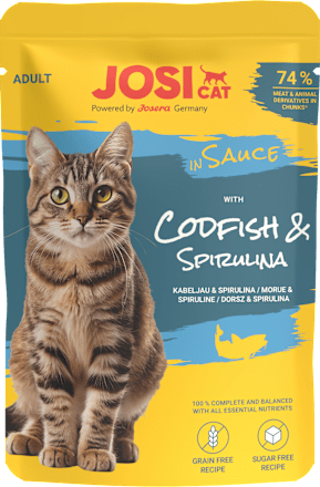 Mokra karma dla kota, dorsz i spirulina w sosie JosiCat