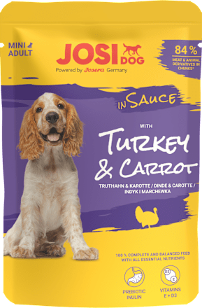 Mokra karma dla psa, indyk i marchewka w sosie, saszetka JosiDog