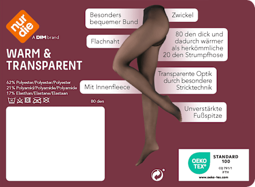 Strumpfhose warm & transparent mit Innenfleece schwarz Gr. 40/44, 80 DEN nur die