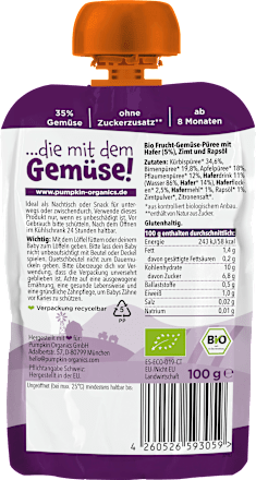Quetschie Kürbis, Birne, Apfel, Pflaume, Hafer, ab dem 8. Monat pumpkin organics