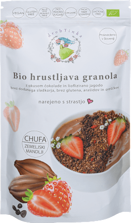 Bio presna granola z okusom čokolade in liofiliziranimi jagodami drobTinka