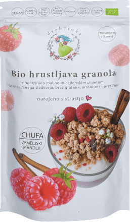 Bio hrustljava granola z malino in cejlonskim cimetom drobTinka