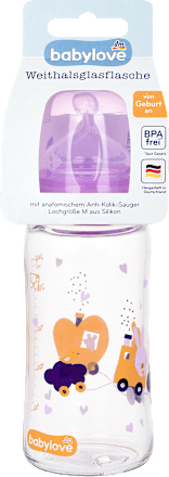 Стъклено бебешко шише с широко гърло, 0+ месеца, различни мотиви/цветове babylove