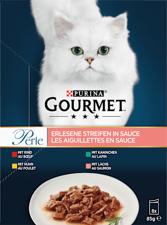 Nassfutter Katze mit Rind, Huhn, Kaninchen & Lachs, Perle - erlesene Streifen, Multipack (8x85 g) Purina Gourmet
