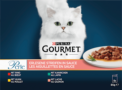 Nassfutter Katze mit Rind, Huhn, Kaninchen & Lachs, Perle - erlesene Streifen, Multipack (8x85 g) Purina Gourmet