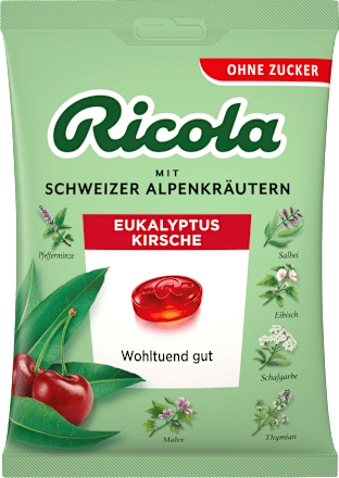 Bonbons Schweizer Alpenkräuter Eukalyptus Kirsche zuckerfrei Ricola
