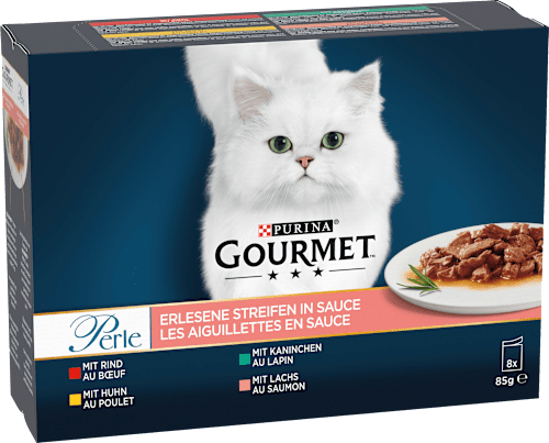 Nassfutter Katze mit Rind, Huhn, Kaninchen & Lachs, Perle - erlesene Streifen, Multipack (8x85 g) Purina Gourmet