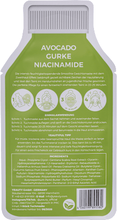 Maska za obraz v obliki krpice z avokadom, kumarami in niacinamidom YEAUTY