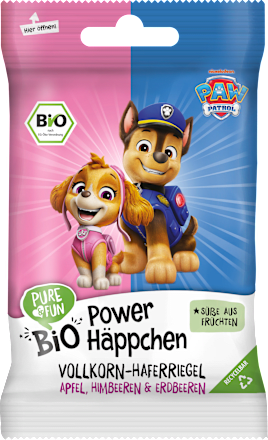 Kindersnack Power Häppchen Vollkorn-Haferriegel Apfel, Himbeeren & Erdbeeren, ab 12 Monaten PURE & FUN
