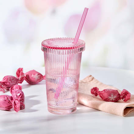Trinkglas mit Deckel & Strohhalm, gerillt, pink (380 ml) Dekorieren & Einrichten