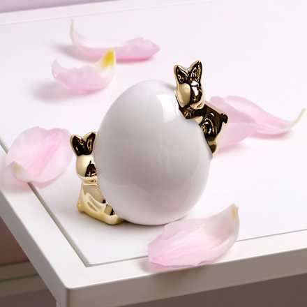 Keramikei mit 2 goldenen Hasen, weiß (9,5 cm) Dekorieren & Einrichten