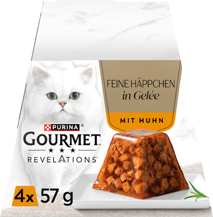 Nassfutter Katze Huhn in Gelée, Revelations feine Häppchen Multipack (4x57 g) Purina Gourmet