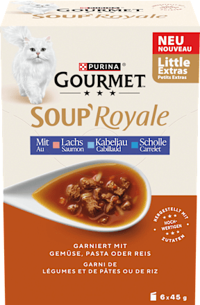 Nassfutter Katze mit Lachs & Kabeljau oder Scholle, Soup Royale, Multipack (6x45 g) Purina Gourmet
