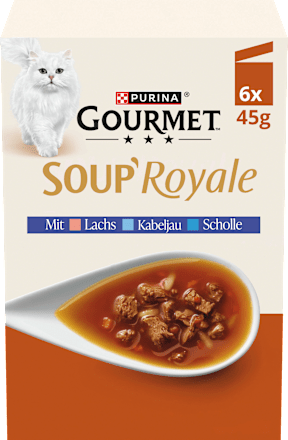 Nassfutter Katze mit Lachs & Kabeljau oder Scholle, Soup Royale, Multipack (6x45 g) Purina Gourmet