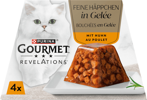 Nassfutter Katze Huhn in Gelée, Revelations feine Häppchen Multipack (4x57 g) Purina Gourmet