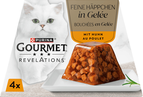 Nassfutter Katze Huhn in Gelée, Revelations feine Häppchen Multipack (4x57 g) Purina Gourmet