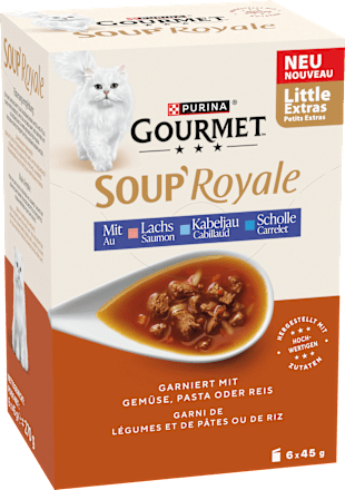Nassfutter Katze mit Lachs & Kabeljau oder Scholle, Soup Royale, Multipack (6x45 g) Purina Gourmet