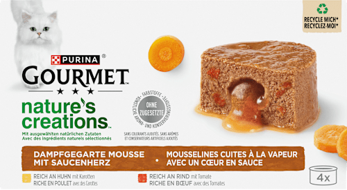 Nassfutter Katze mit Huhn & Rind, nature's creations Mousse mit Saucenherz, Multipack (4x85 g) Purina Gourmet