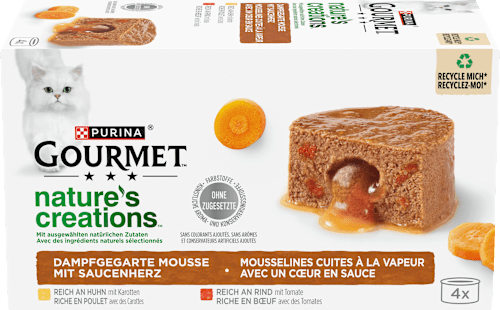 Nassfutter Katze mit Huhn & Rind, nature's creations Mousse mit Saucenherz, Multipack (4x85 g) Purina Gourmet