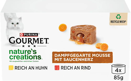 Nassfutter Katze mit Huhn & Rind, nature's creations Mousse mit Saucenherz, Multipack (4x85 g) Purina Gourmet