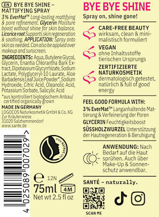 Gesichtsspray Mattifying Bye Bye Shine Santé naturally.