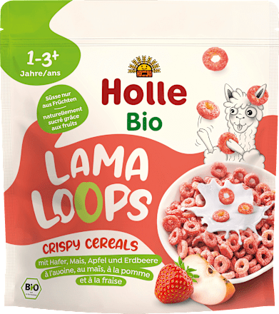 Kindermüsli Knusper Lama Loops mit Hafer, Mais, Apfel & Erdbeere, ab 1 Jahr Holle
