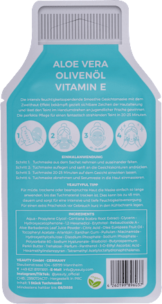 Tuchmaske Aloe Vera Olive Oil Vitamin E Yeauty