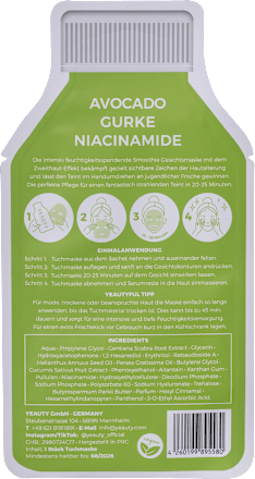 Tuchmaske Avocado Cucumber Niacinamide Yeauty