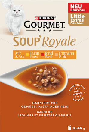 Nassfutter Katze mit Huhn, Rind & Truthahn, Soup Royale, Multipack (6x45 g) Purina Gourmet