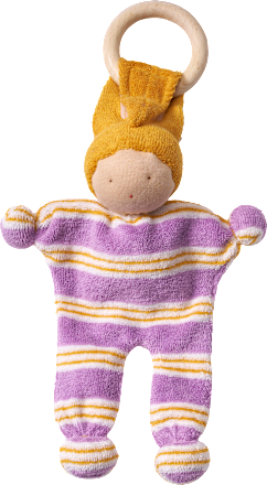 Püppchen mit Streifen-Muster & Holzring, lila & gelb ALANA