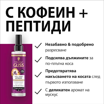 Спрей-балсам Full Hair Wonder с кофеин и пептиди Schwarzkopf GLISS