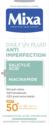 Dnevni ANTI IMPERFECTION UV flud za zaštitu kože od sunca - salicilna kiselina+niacinamid, SPF50+ Mixa