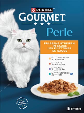 Nassfutter Katze, Truthahn, Ente, Lamm, Thunfisch, Perle - erlesene Streifen in Sauce, Multipack (8x85  g) Purina Gourmet