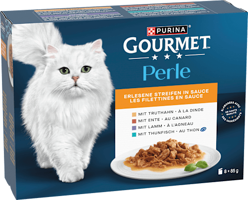 Nassfutter Katze, Truthahn, Ente, Lamm, Thunfisch, Perle - erlesene Streifen in Sauce, Multipack (8x85  g) Purina Gourmet