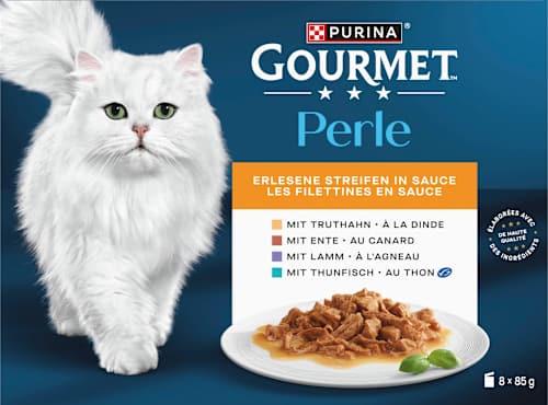 Nassfutter Katze, Truthahn, Ente, Lamm, Thunfisch, Perle - erlesene Streifen in Sauce, Multipack (8x85  g) Purina Gourmet