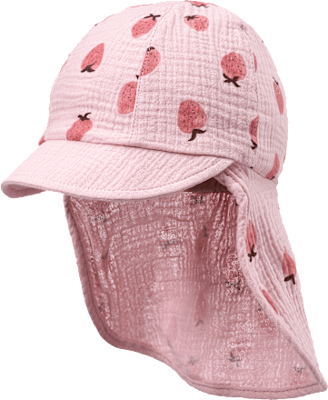 Schirmmütze aus Musselin mit Nackenschutz & Erdbeer-Muster, rosa, Gr. 50/51 ALANA