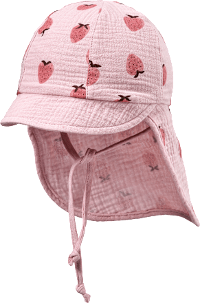 Schirmmütze aus Musselin mit Nackenschutz & Erdbeer-Muster, rosa, Gr. 48/49 ALANA