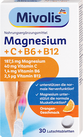 Prehransko dopolnilo z magnezijem, vitaminom C, vitaminom B6 in vitaminom B12 v obliki tablet, s sladili Mivolis
