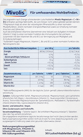 Prehransko dopolnilo z magnezijem, vitaminom C, vitaminom B6 in vitaminom B12 v obliki tablet, s sladili Mivolis