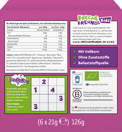 Kindersnack Crispy Riegel Apfel & Blaubeere ab 3+ Jahren (6x21 g) Freche Freunde