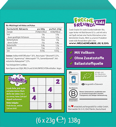 Kindersnack Crispy Riegel Kokos & Kakao ab 3+ Jahren (6x23 g) Freche Freunde