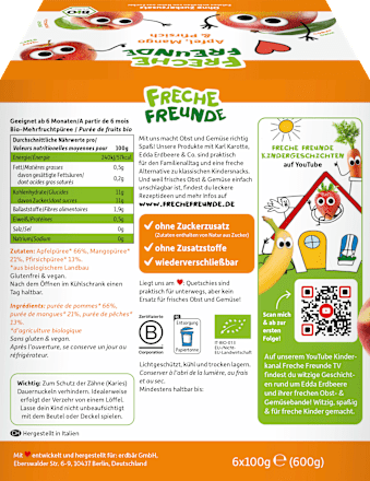 Quetschie Apfel, Mango & Pfirsich ab 6 Monaten (6x100 g) Freche Freunde
