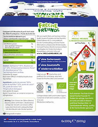 Quetschie Apfel, Blaubeere, Johannisbeere & Brombeere ab 6 Monaten (6x100 g) Freche Freunde