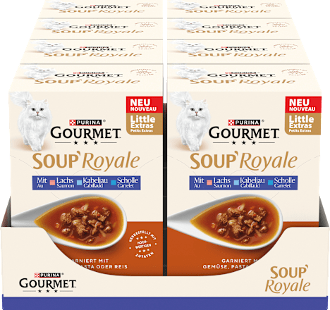 Nassfutter Katze mit Lachs & Kabeljau oder Scholle, Soup Royale, Multipack (6x45 g) Purina Gourmet