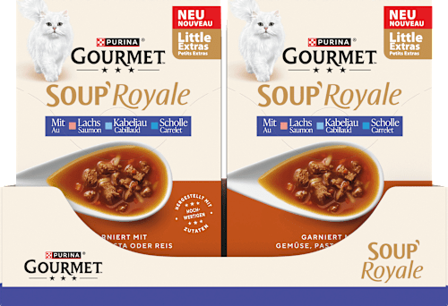 Nassfutter Katze mit Lachs & Kabeljau oder Scholle, Soup Royale, Multipack (6x45 g) Purina Gourmet